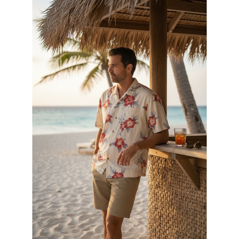 Tommy Bahama Mens XL Silk Hibiscus Floral Hawaiian Camp Shirt Cream Red